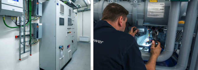 Tekniker inspekterar kontrollpaneler inne i anläggningen. Tekniker inspekterar kontrollpaneler inne i anläggningen.