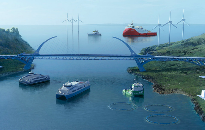 Illustration av färjor och båtar som trafikerar under röd hängbro.