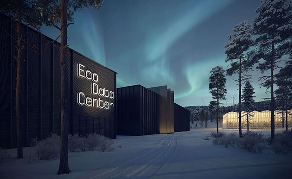 Utsikt över EcoDataCenter-byggnaden på vintern med träd. Utsikt över EcoDataCenter-byggnaden på vintern med träd.